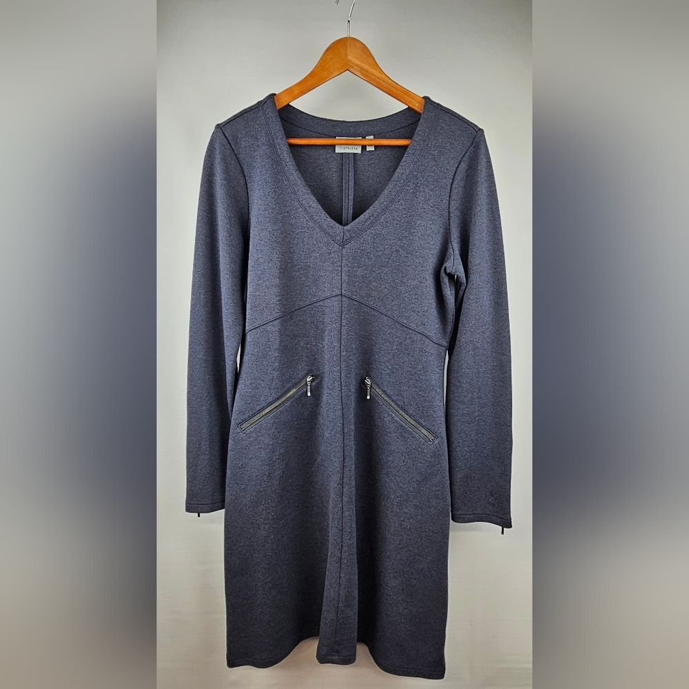 Athleta Heather Blue-Gray Womens Medium Petite Long Sleeve Dress Zipper Pockets